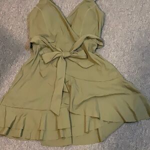 V Neck Tie Side Ruffle Pocket Flowy Mini Casual Dress with shorts